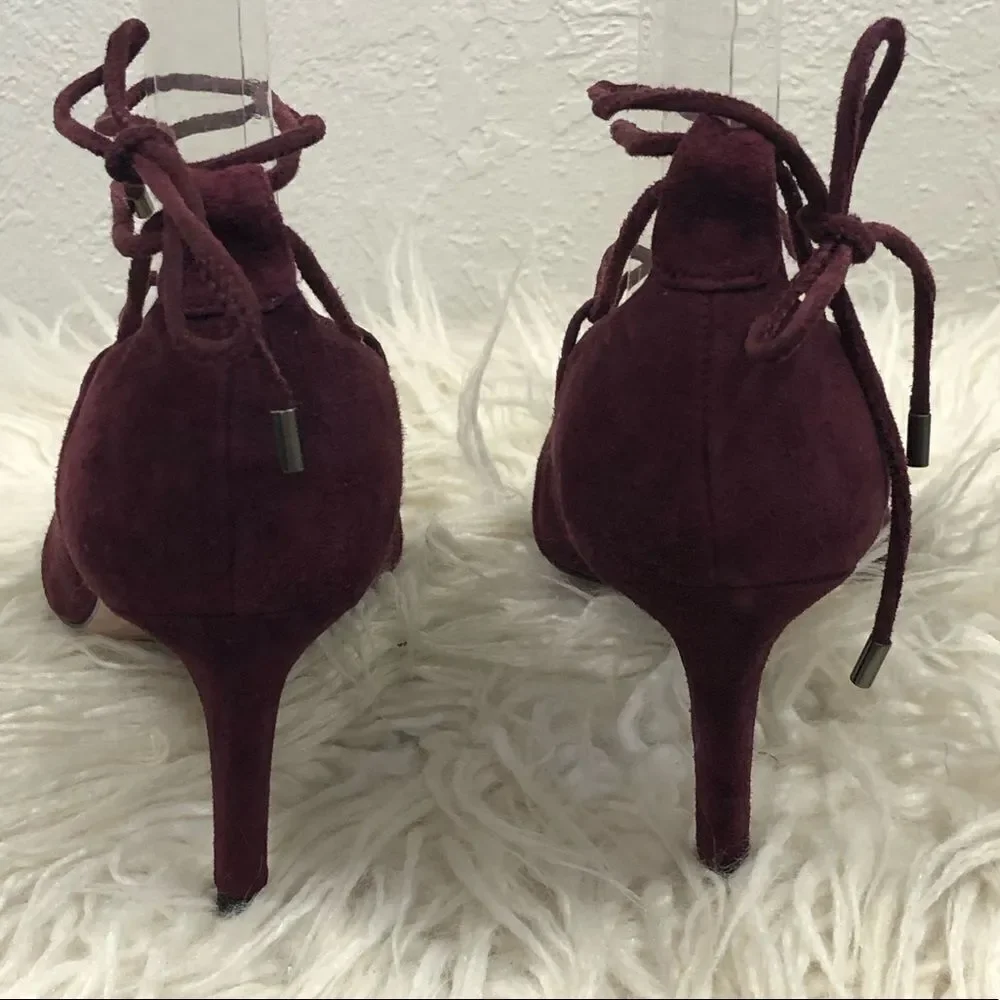 PURA‎ LOPEZ -MAROON ANKLE TIE SUEDE PUMPS HEELS S4